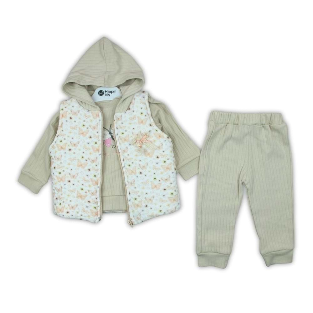 Hippıl Baby 5104-3200 Çiçekli Yelekli Kız Üçlü Takım - PUDRA