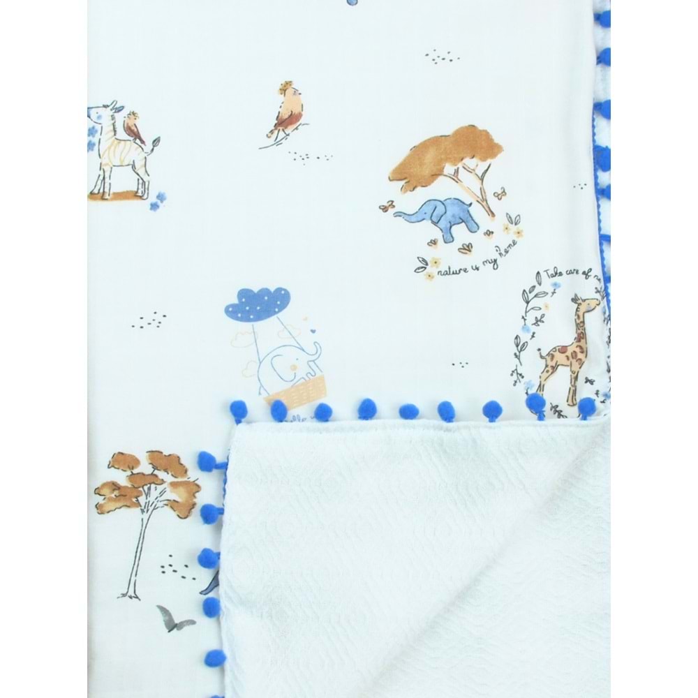 Çift Katlı Müslin Bebek Battaniyesi 100x115 cm Mavi Fil