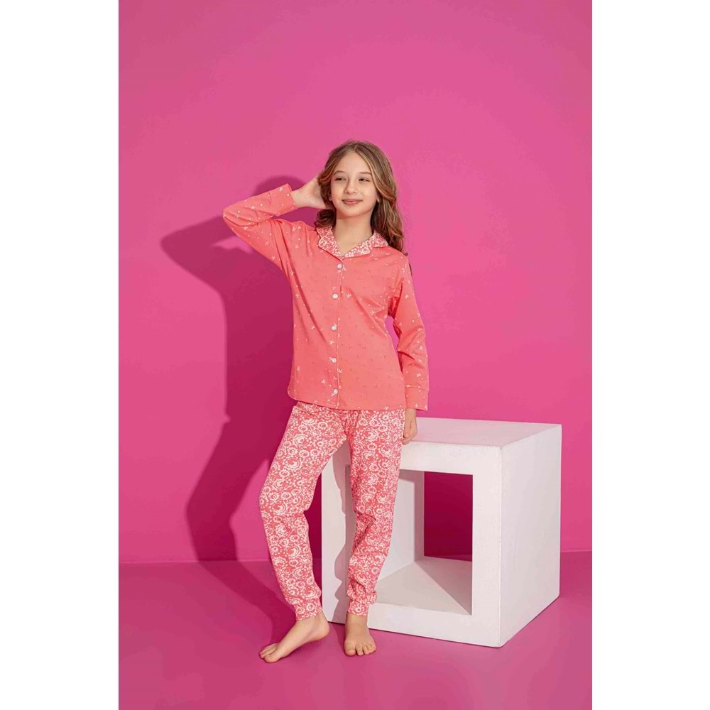 Tarık 6-13 Yaş Kız Çocuk Önden Düğmeli Pijama 3021250 - NAR ÇİÇEĞİ