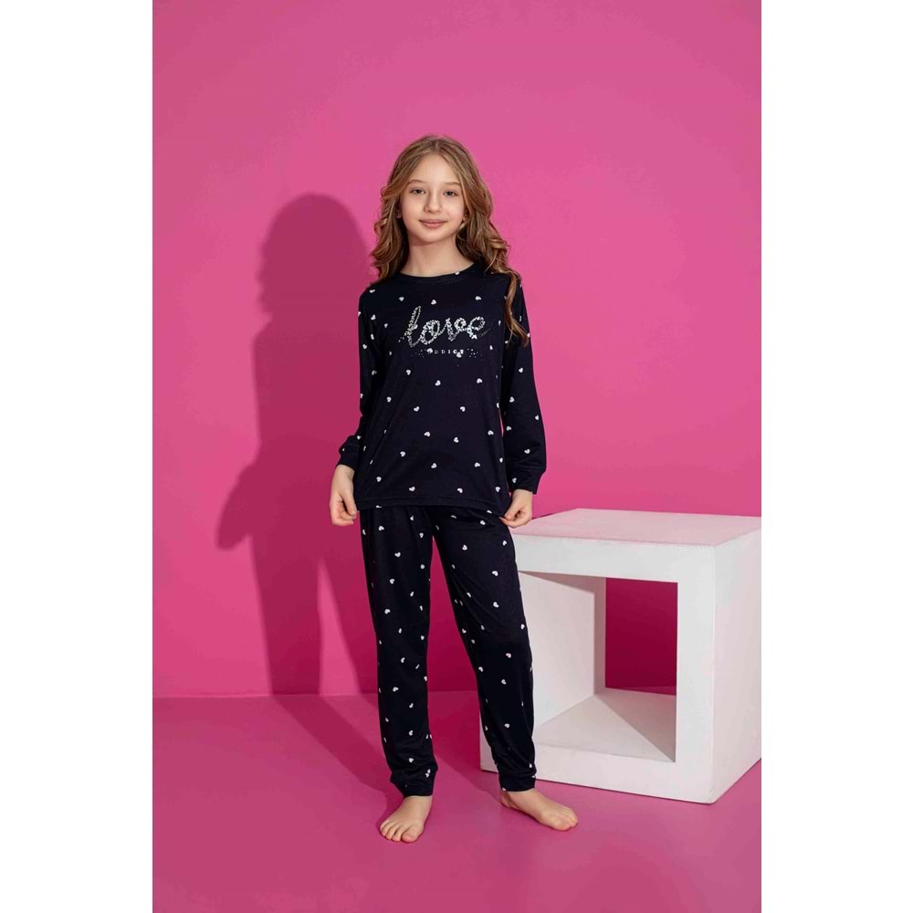 Tarık 10-15 Yaş Kız Çocuk Pijama Love Kalpli 2946250 - LACİVERT