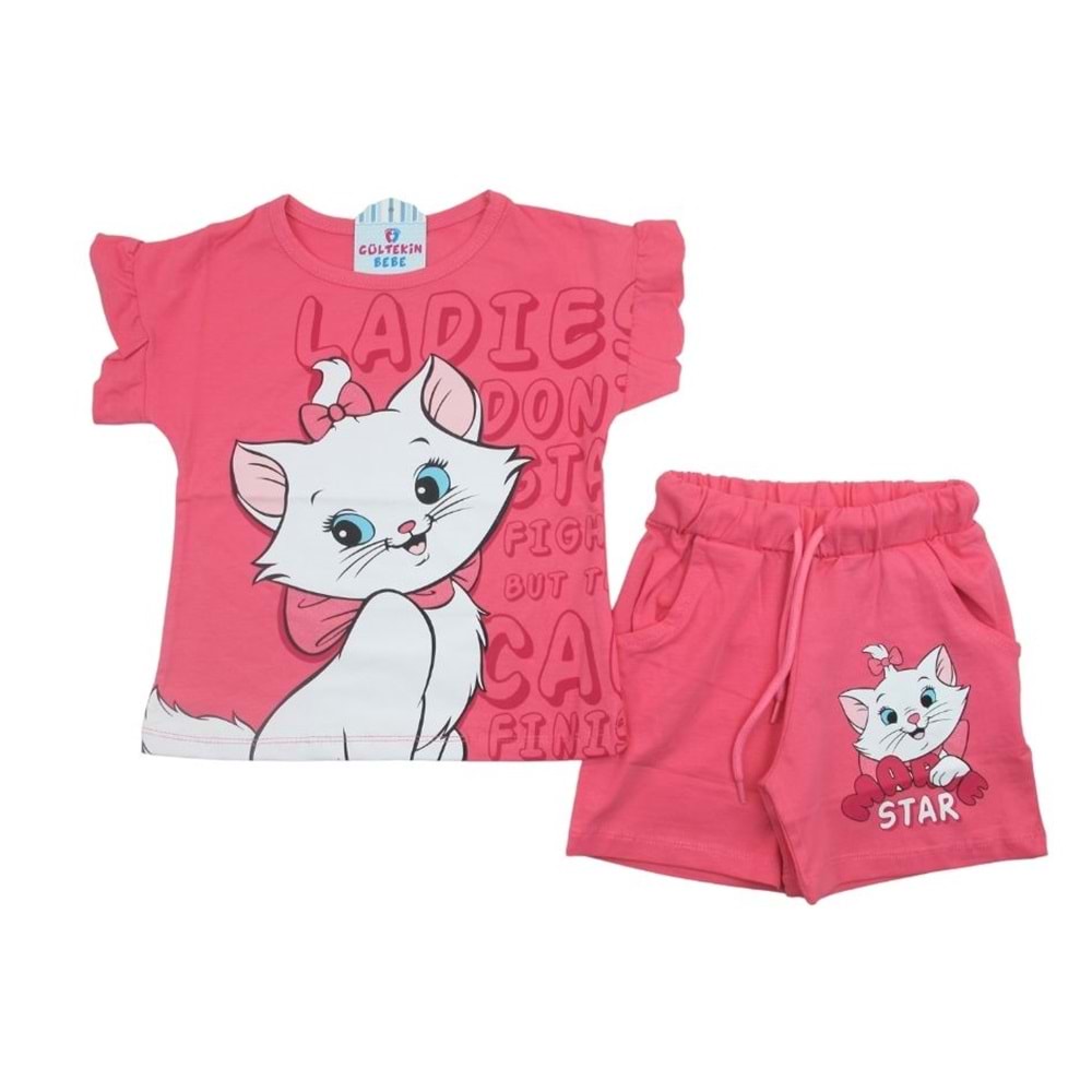 Kedi Kız Şortlu Fırfırlı 3-10 Yaş Kız İkili Takım-7568175 - PEMBE