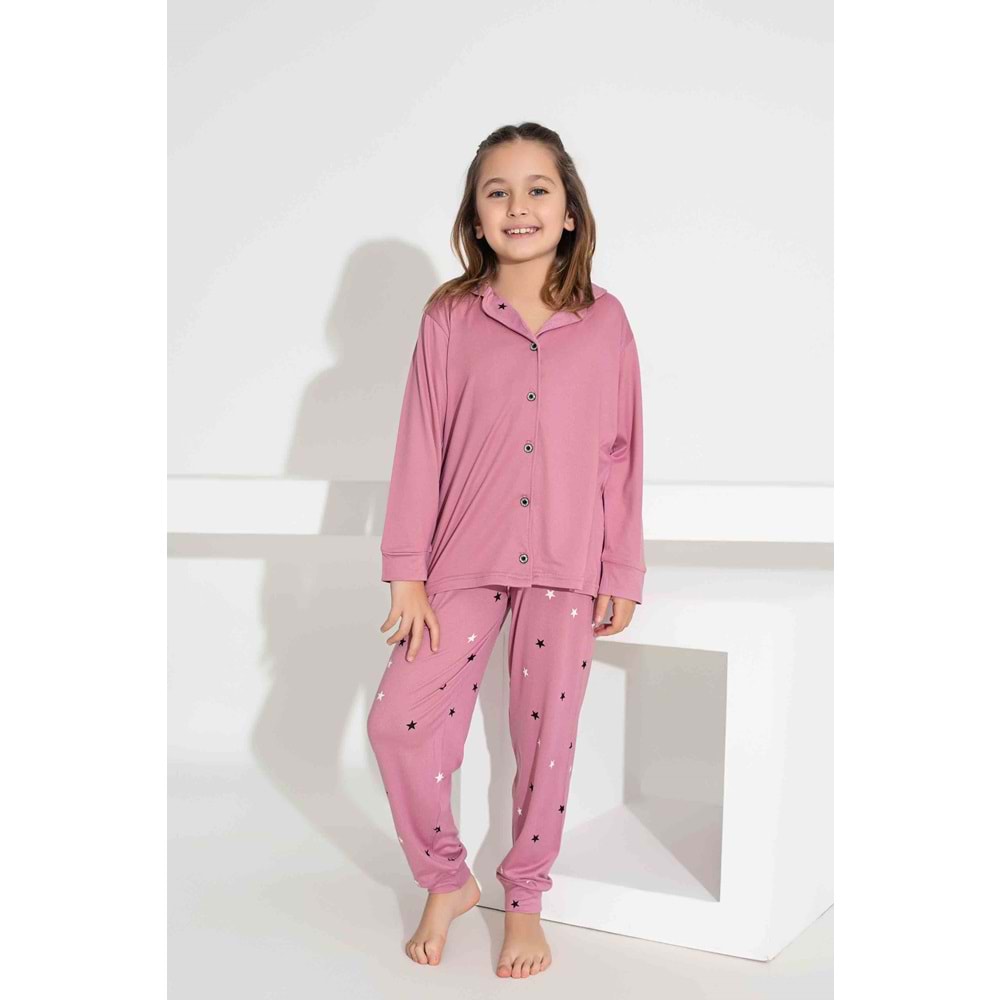 Tarık 5-9 Yaş Kız Çocuk Düğmeli Pijama Takımı 2924210 - PEMBE