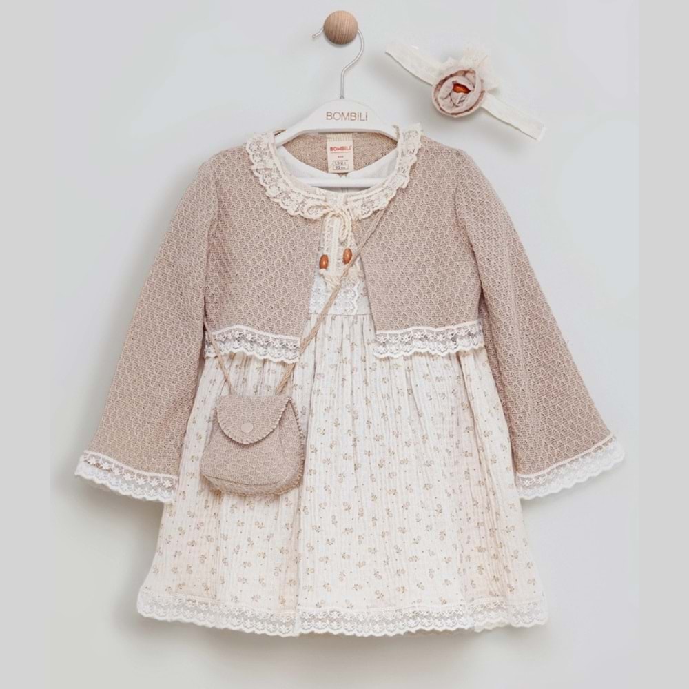 Bombili 1-4 Yaş Müslin Elbise Nakışlı Bolerolu-7057453 - KREM