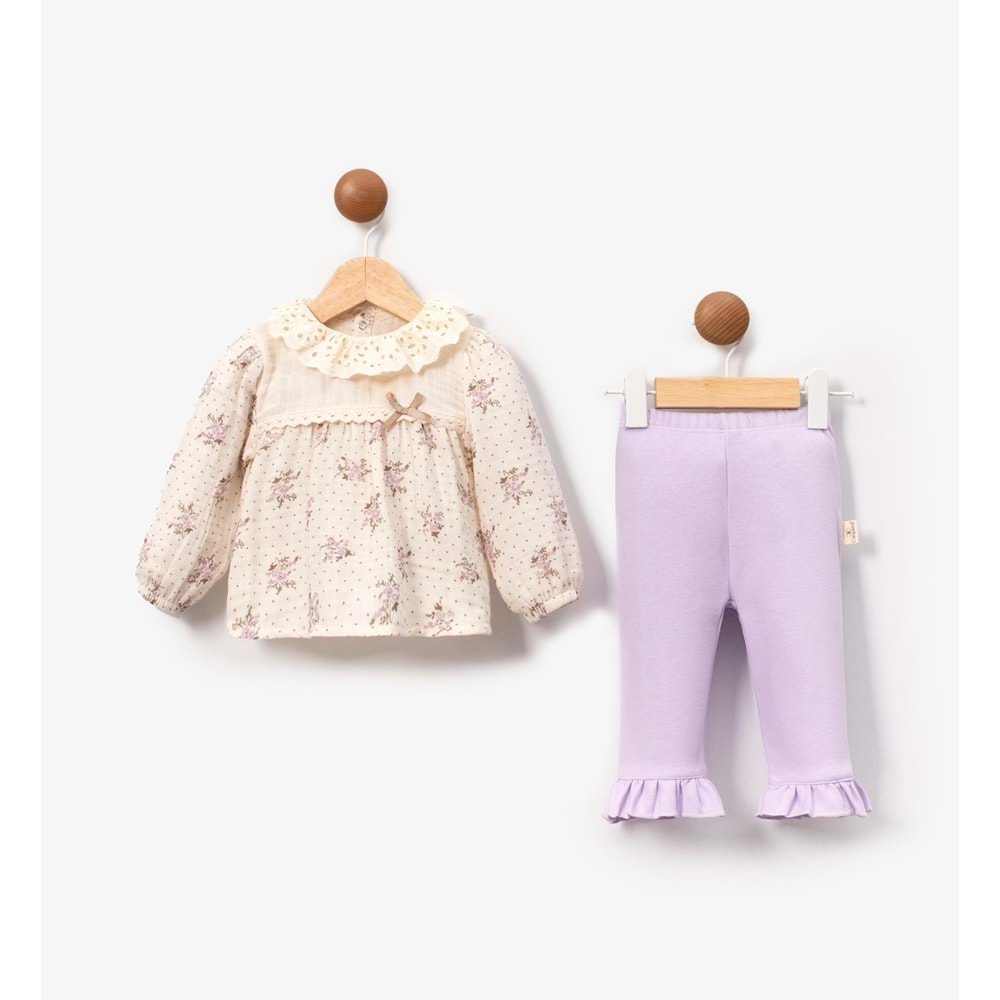 Cayzen 3-12 Ay Kız Çiçek Naskılı Müslin 2li Takım-6001225 - LİLA