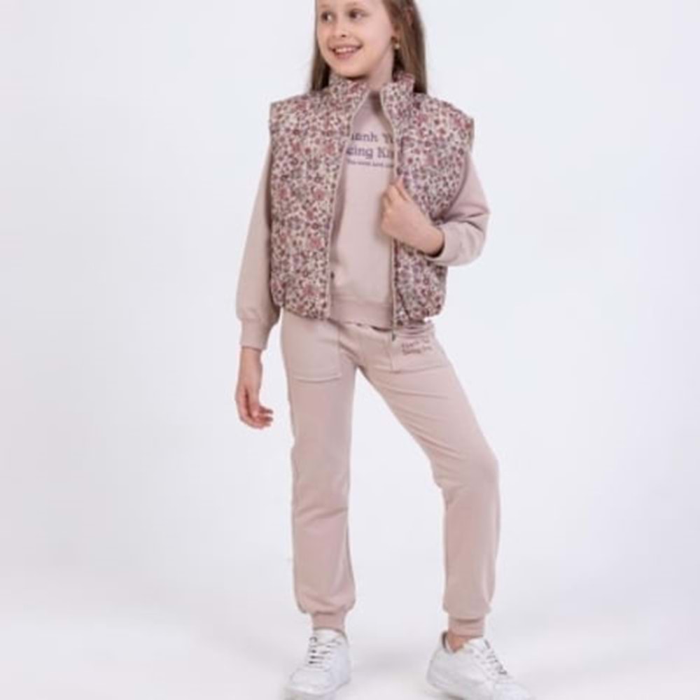 Yavrucak Çiçekli Yelekli Kız 5/8 Yaş 3lü Takım-6055599 - AÇIK KAHVE