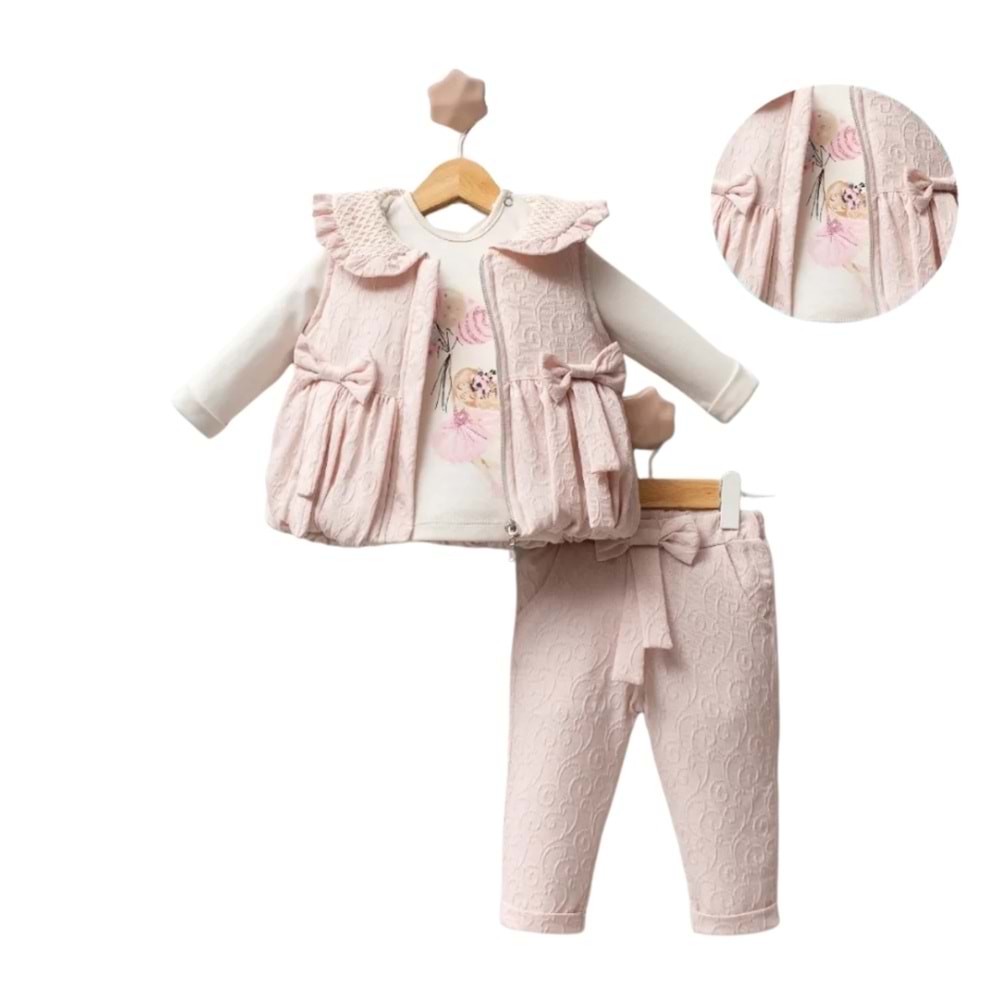 Hippıl Fiyonklu Yelekli 6-18 Ay Kız 3lü Takım-5193451 - PEMBE