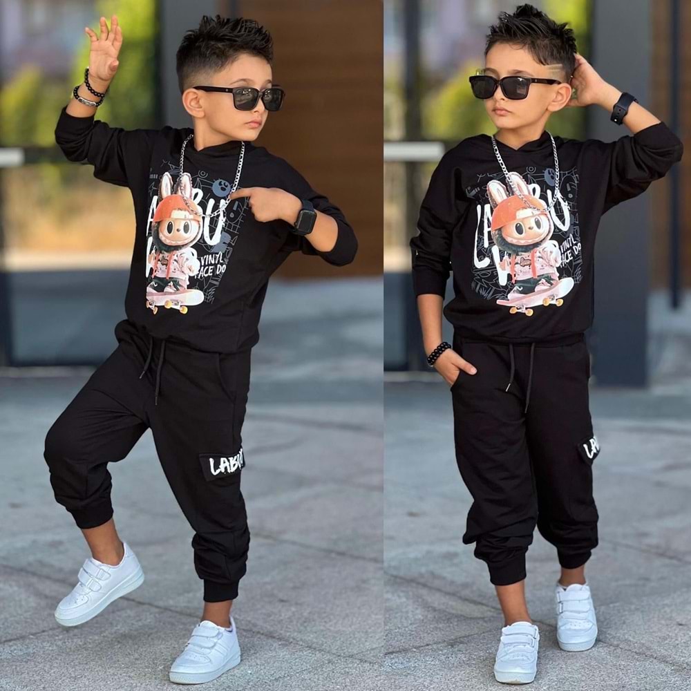 3-10 Yaş Erkek Labubu Baskılı Kapşonlu Eşofman Takım- 60293400 - SİYAH