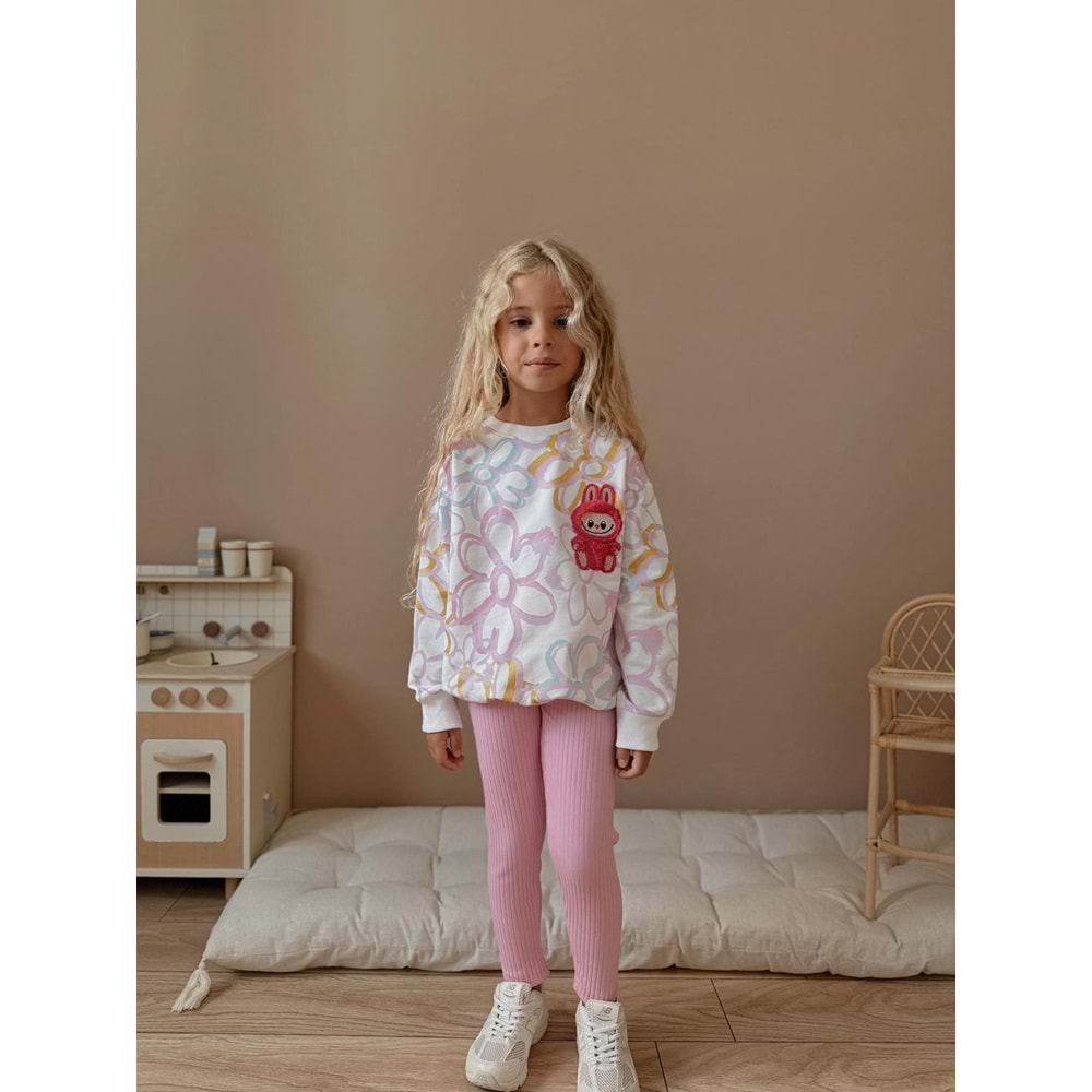 3-10 YaşÇiçekli Kız Eşofman Takım- 9017260 - PEMBE