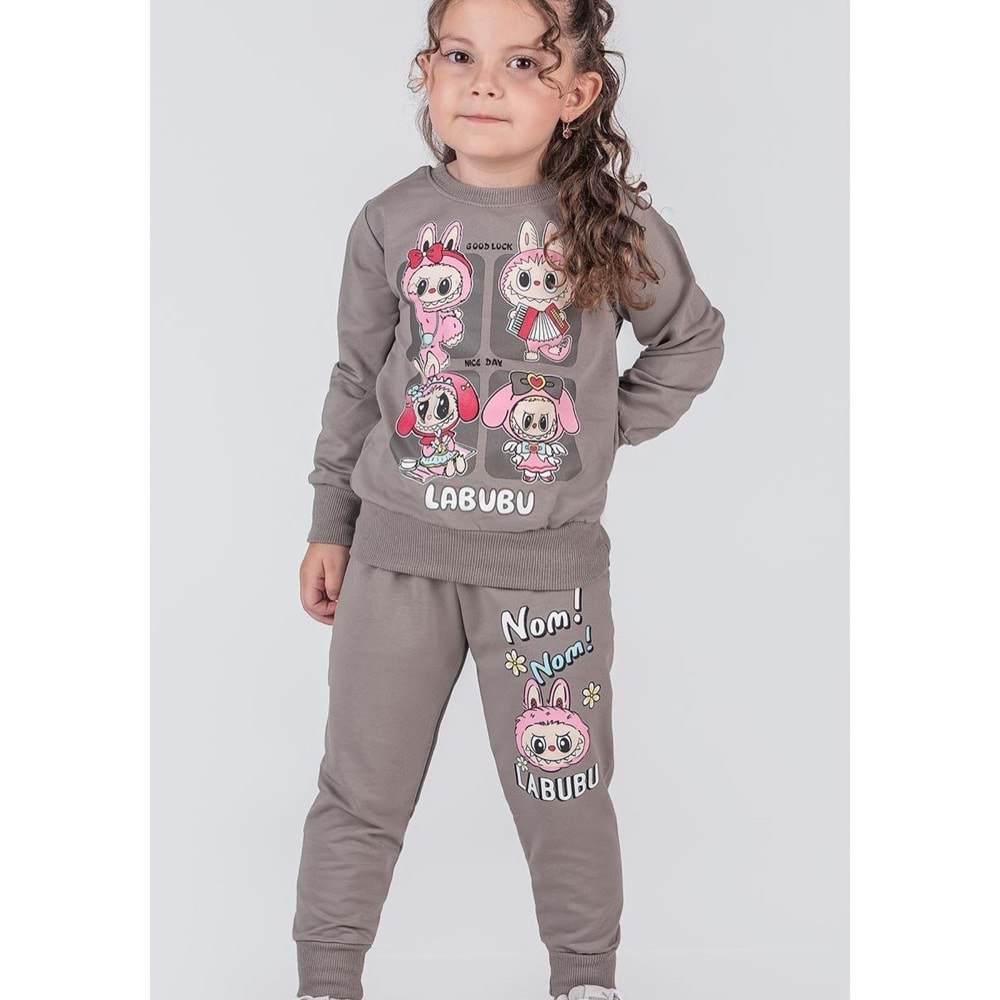 3-10 Yaş Labubu Kare Kız Eşofman Takım- 8227245 - GRİ