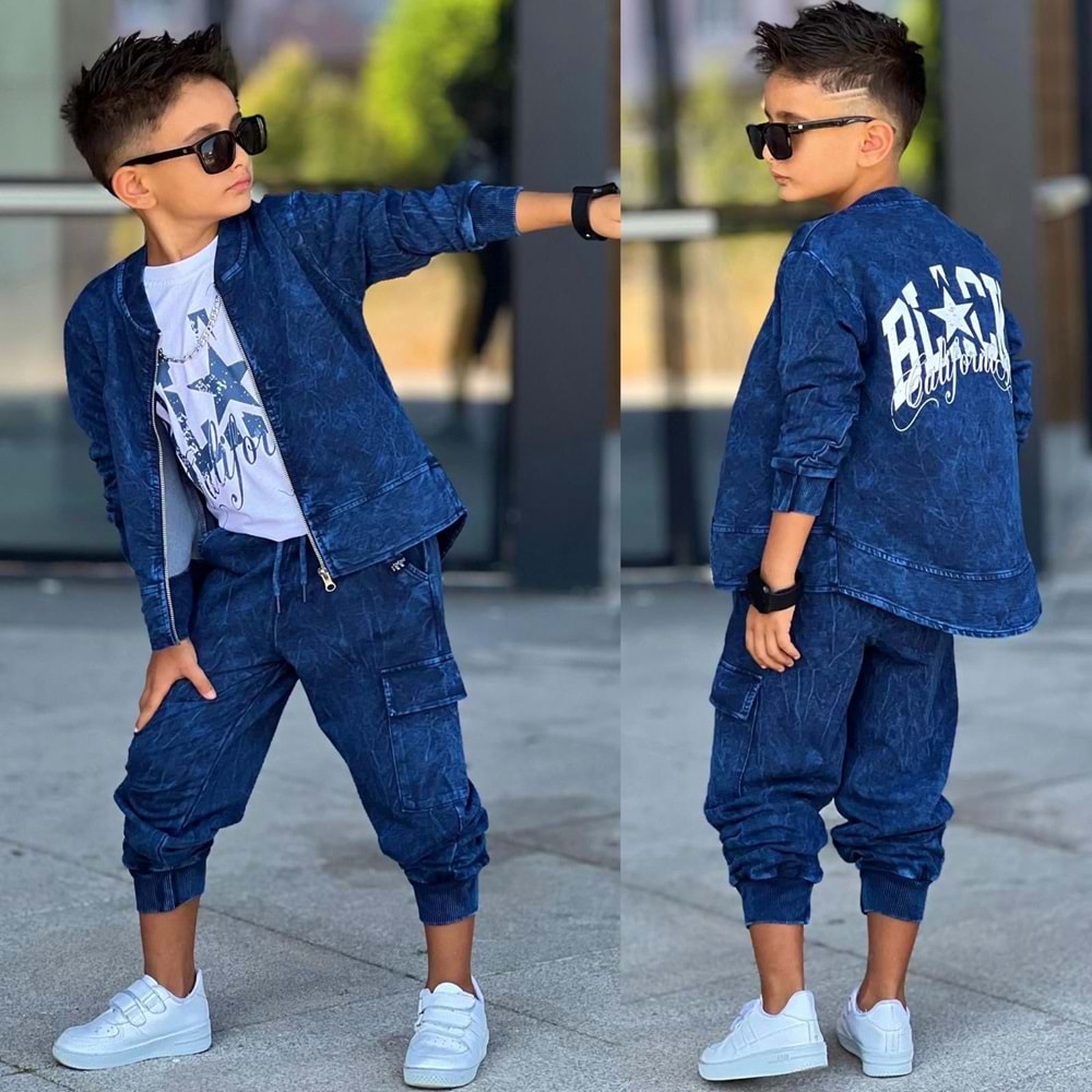 3-10 Yaş Erkek Black Yıkamalı 3lü Eşofman Takım- 2054650 - MAVİ