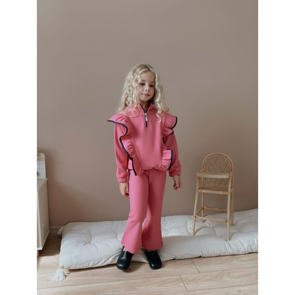 3-12 Yaş Fittili Şardonlu Kız Eşofman Takım- 7108400 - PEMBE