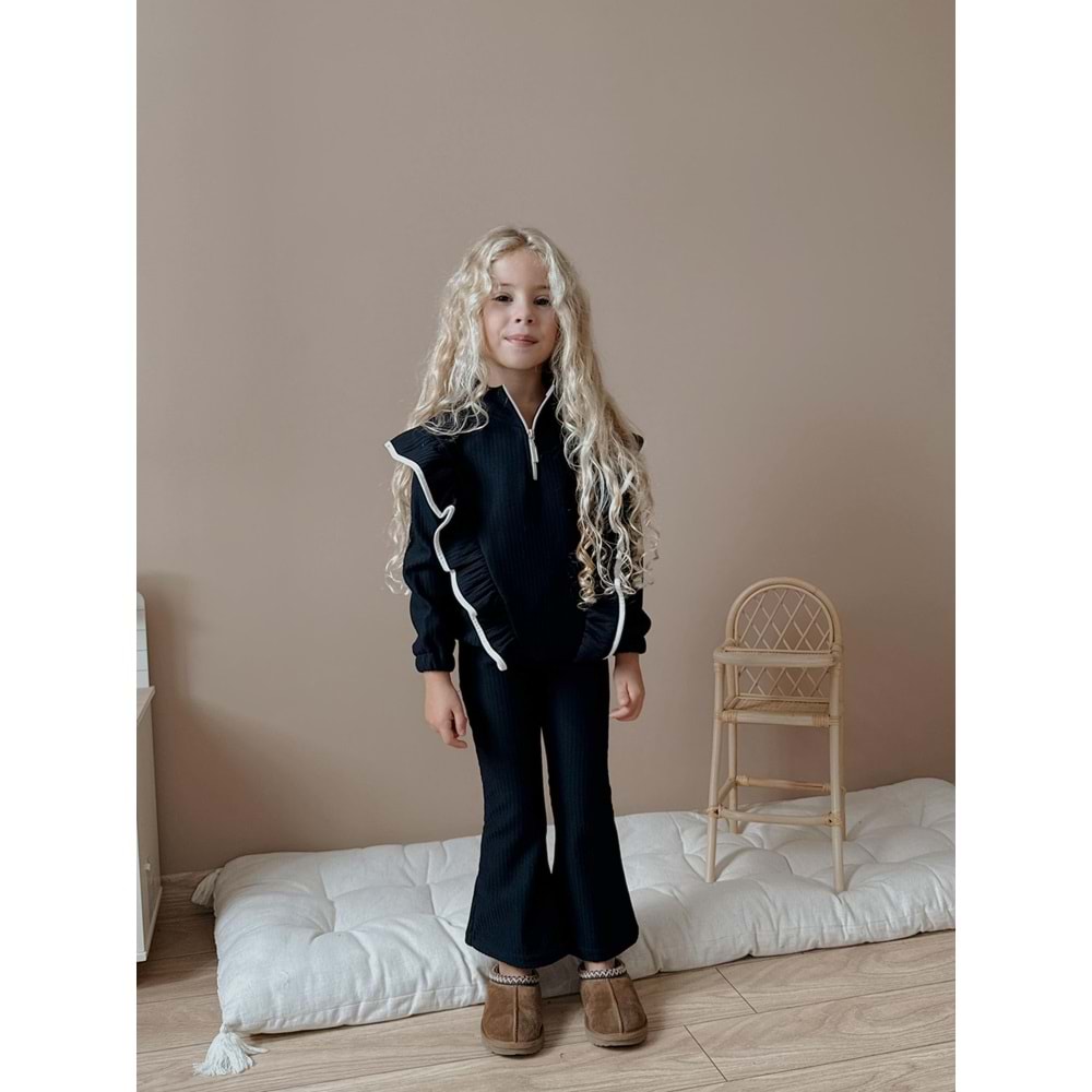 3-12 Yaş Fittili Şardonlu Kız Eşofman Takım- 7108400 - SİYAH