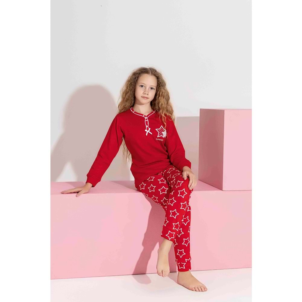 Tarık 10-15 Yaş Kız Çocuk Yıldız Arma Baskılı İnterlok Pijama Takımı 3198320 - KIRMIZI