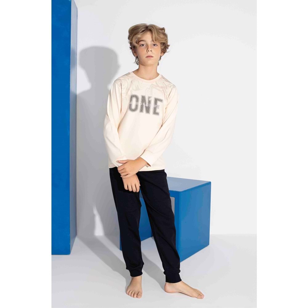 Tarık 10-15 Yaş Erkek Çocuk One Baskılı İnterlok Pijama Takımı 4113320 - BEJ