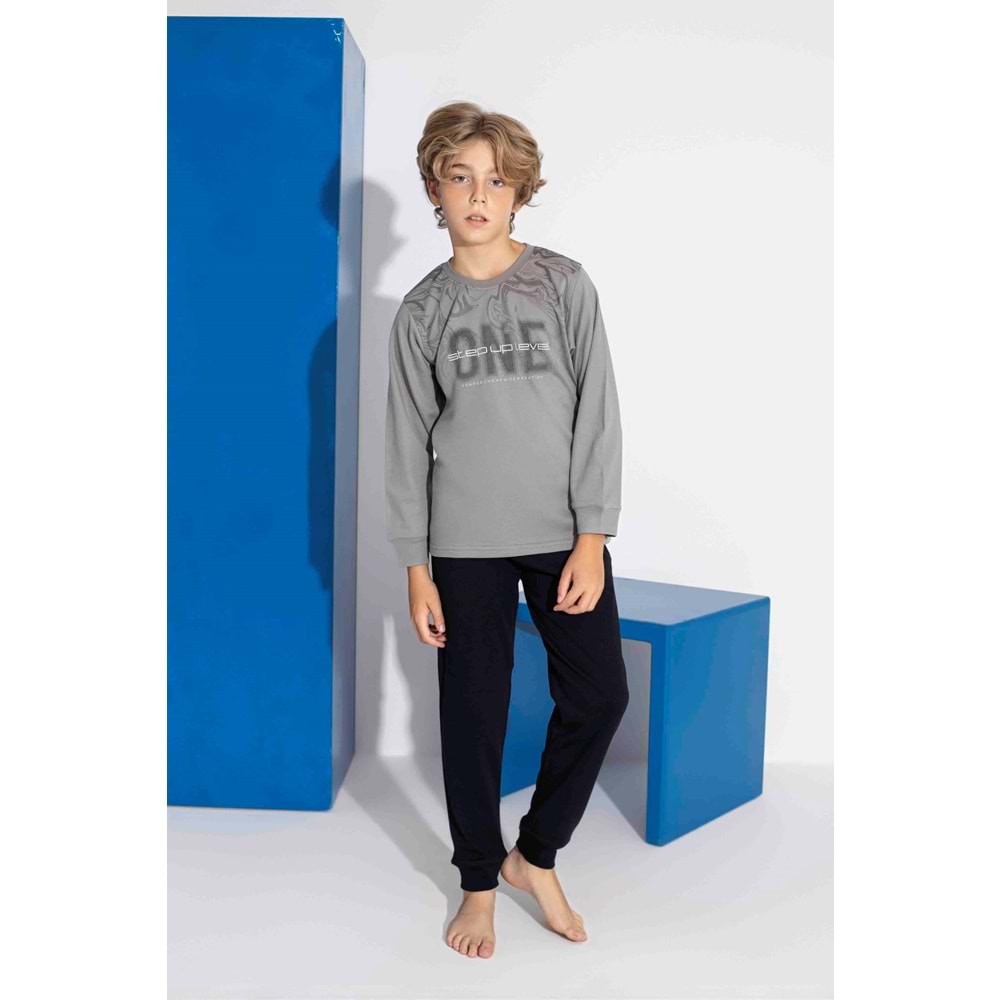 Tarık 10-15 Yaş Erkek Çocuk One Baskılı İnterlok Pijama Takımı 4113320 - FÜME