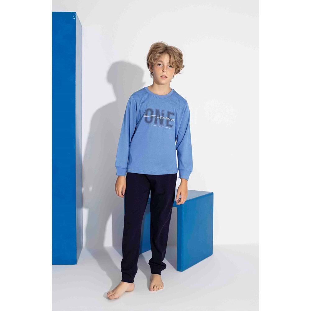 Tarık 10-15 Yaş Erkek Çocuk One Baskılı İnterlok Pijama Takımı 4113320 - MAVİ