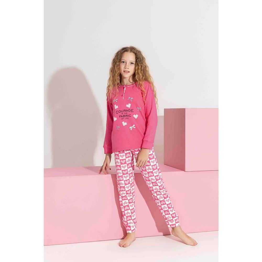 Tarık 10-15 Yaş Kız Çocuk Kalpli Kanaviçe Baskılı İnterlok Pijama Takımı 3192320 - KOYU PEMBE