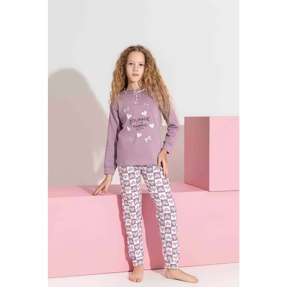 Tarık 10-15 Yaş Kız Çocuk Kalpli Kanaviçe Baskılı İnterlok Pijama Takımı 3192320 - MOR