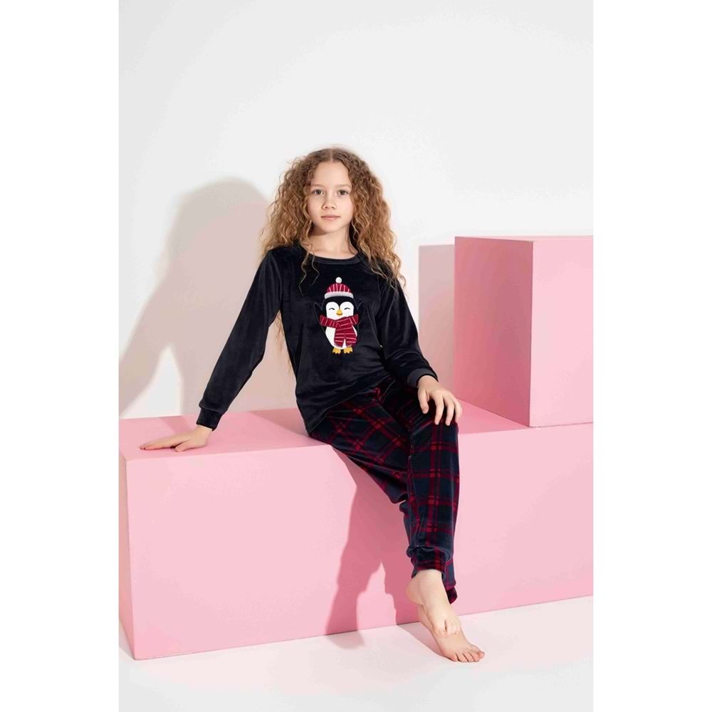 Tarık 10-15 Yaş Kız Çocuk Penguen Nakışlı Kadife Pijama Takımı 3152320 - LACİVERT