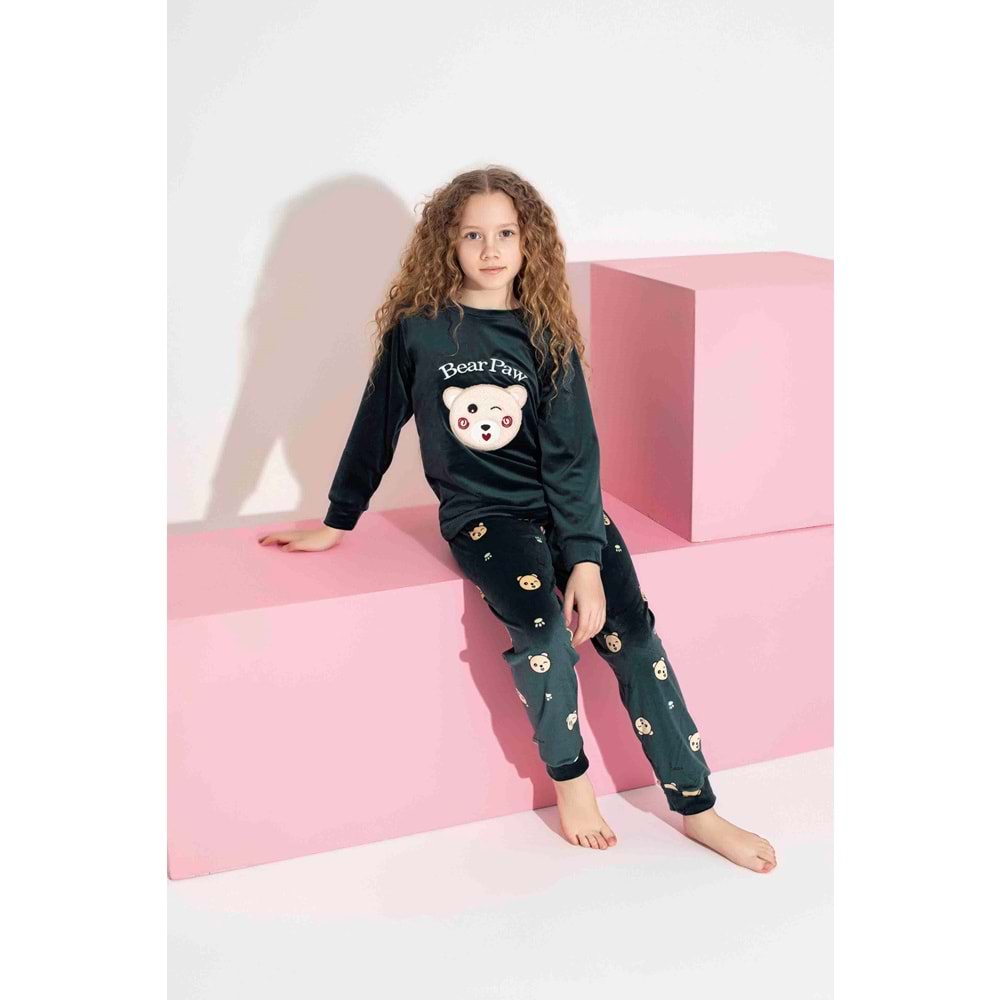 Tarık 10-15 Yaş Kız Çocuk Ayı Nakışlı Kadife Pijama Takımı 3122320 - YEŞİL