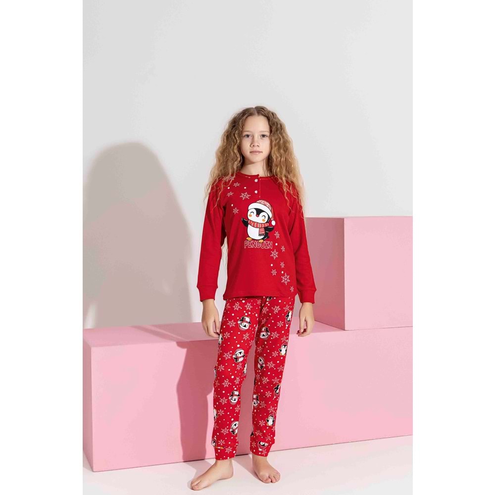 Tarık 5-9 Yaş Kız Çocuk Penguen Baskılı İnterlok Pijama Takımı 3191270 - KIRMIZI