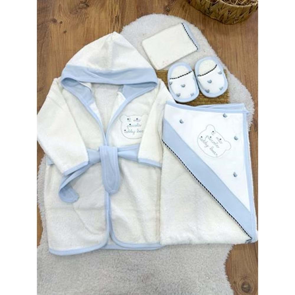 Gaye Bebe Ayı Kafa Nakışlı Bornoz Seti -895530 - MAVİ