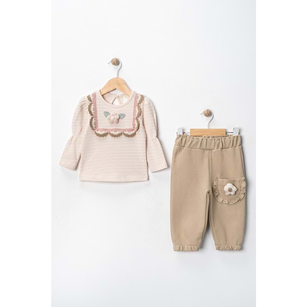 Via Girls İkili Çiçek Detaylı Takım-9778285 - BEJ