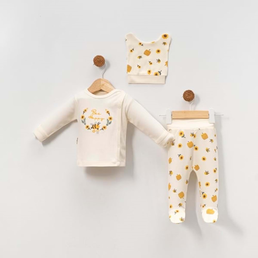 Babycan 9390 Arı Nakışlı Üçlü Yenidoğan Takım - KREM