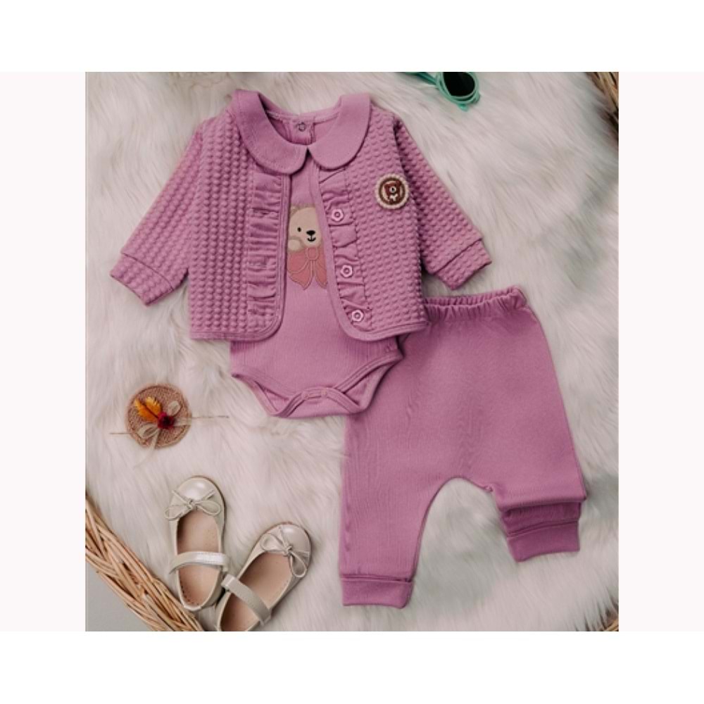 Mini Pakel 3-12 Aylık Kız Kapotineli Hırkalı Üçlü Takım-1389285 - GÜL KURUSU