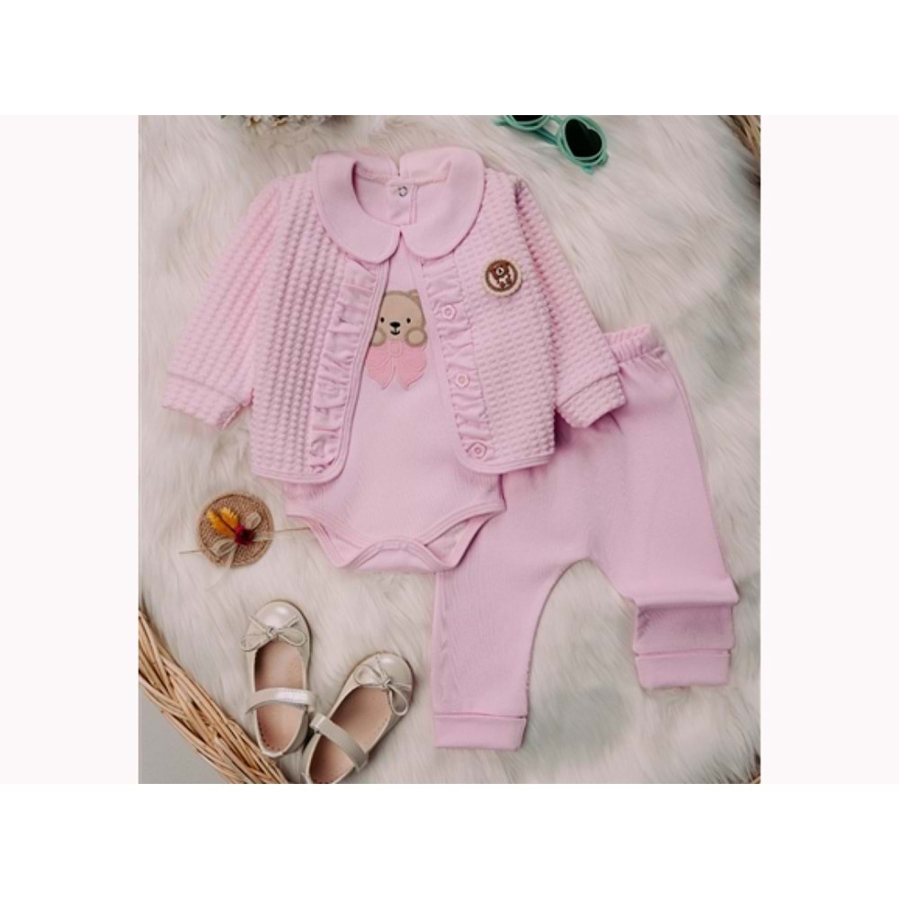 Mini Pakel 3-12 Aylık Kız Kapotineli Hırkalı Üçlü Takım-1389285 - PEMBE