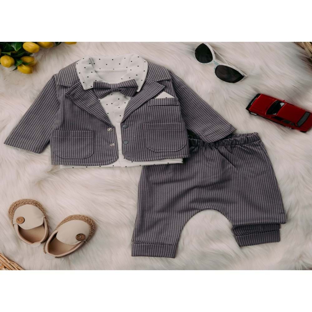 Mini Pakel 3-12 Aylık Erkek Mendilli Hırkalı Üçlü Takım-1385300 - FÜME