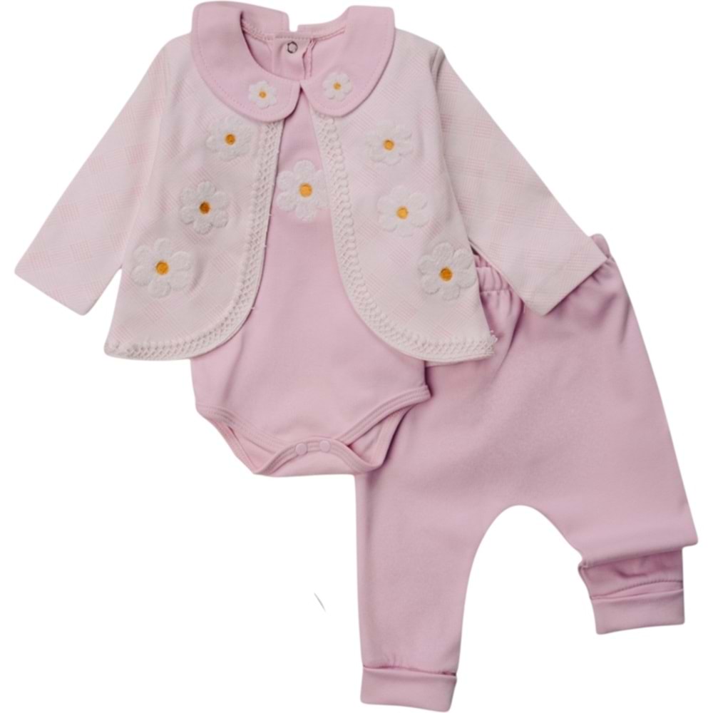 Mini Pakel 3-9 Aylık Kız Papatyalı Ceketli Üçlü Takım-1392300 - AÇIK PEMBE