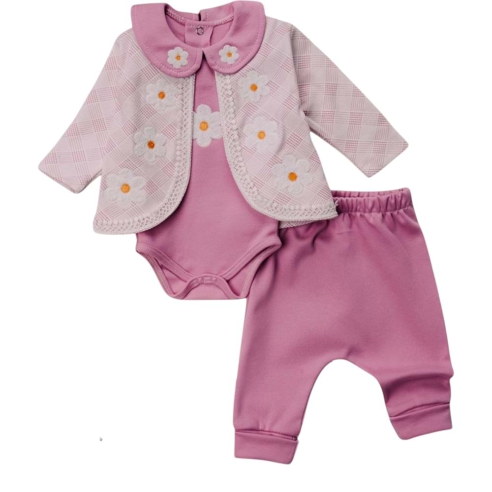 Mini Pakel 3-9 Aylık Kız Papatyalı Ceketli Üçlü Takım-1392300 - PEMBE