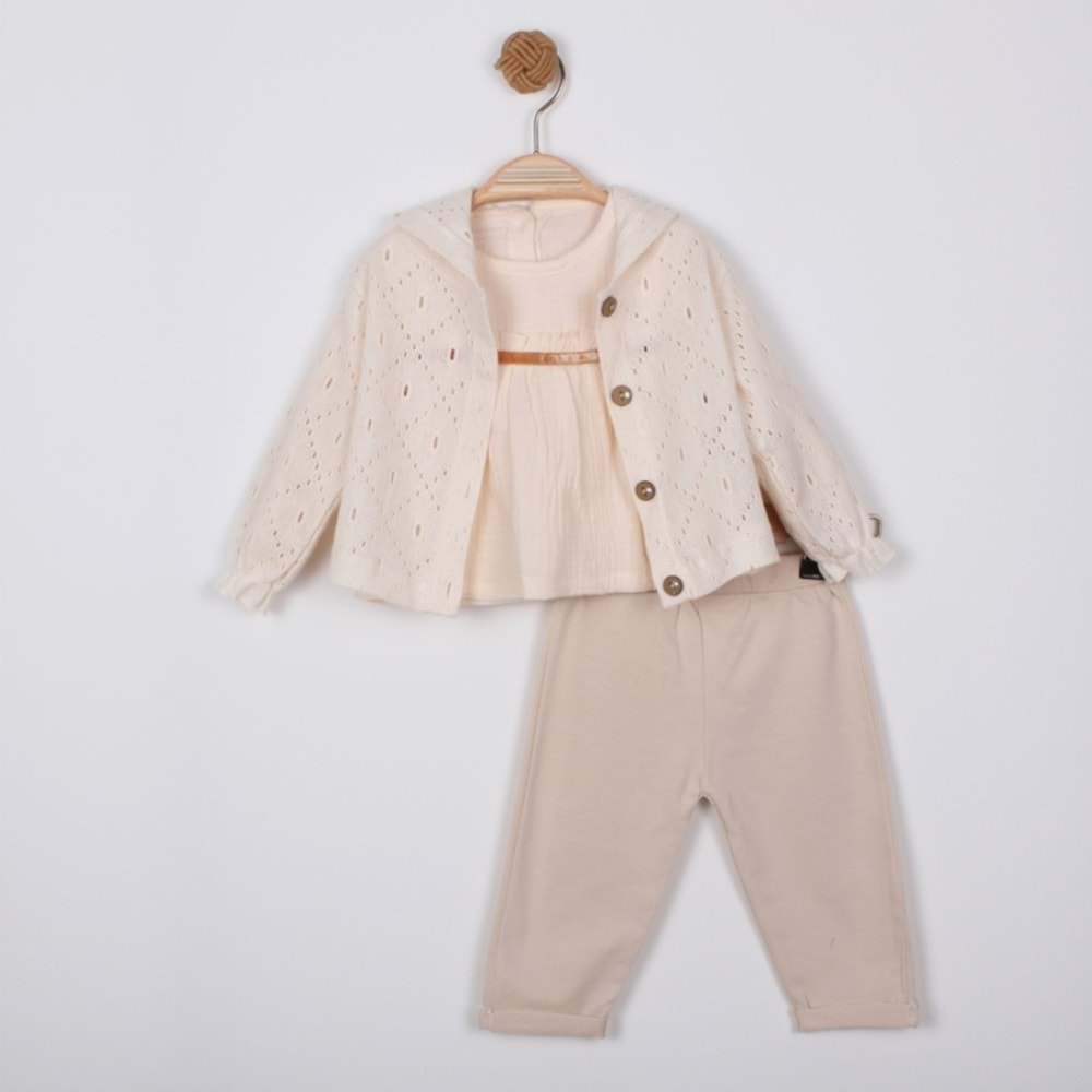 Minino Kız Dantelli Hırkalı Takım-1601310 - BEJ