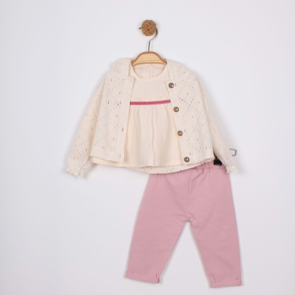 Minino Kız Dantelli Hırkalı Takım-1601310 - PEMBE