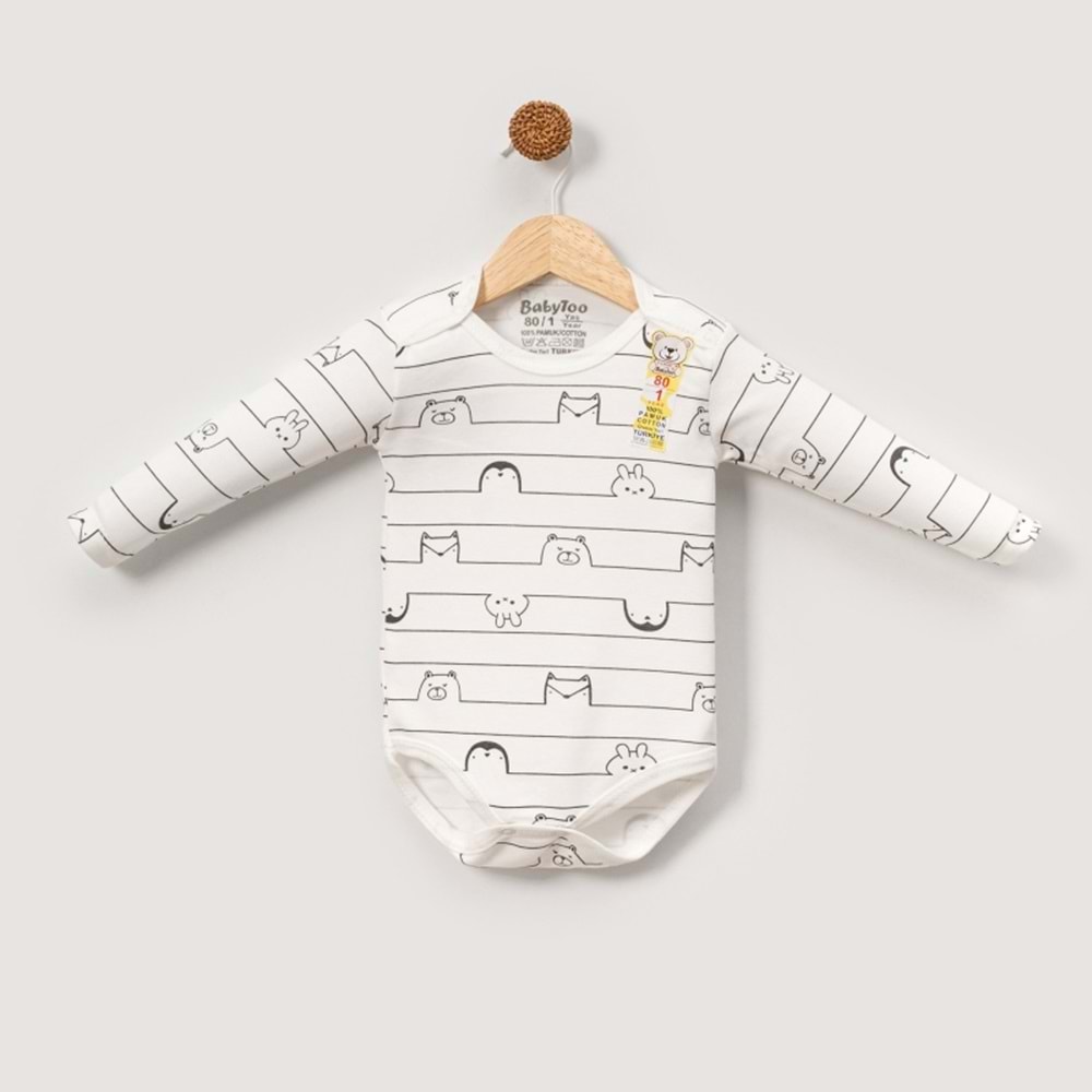 Babytoo 1-3 Yaş Bebek Uzun Kollu Çıtçıtlı Badi Çizgili Hayvan-70830860 - KREM