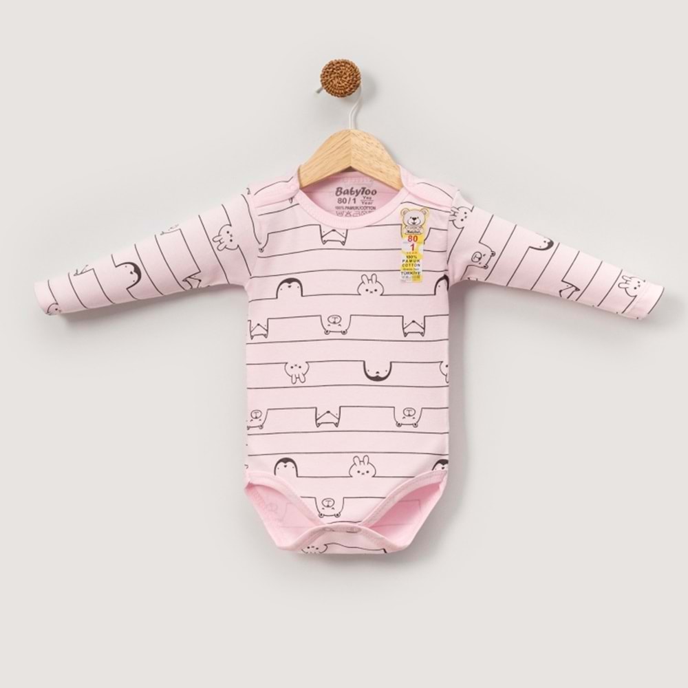 Babytoo 1-3 Yaş Bebek Uzun Kollu Çıtçıtlı Badi Çizgili Hayvan-70830860 - PEMBE