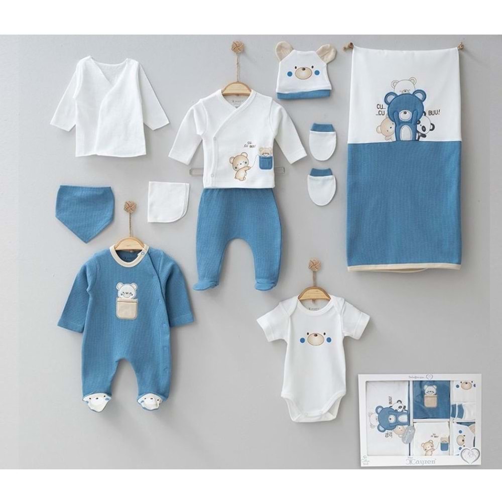 Cayzen Waffle Ayıcık Nakışlı 10 Parça Hastane Çıkışı 3002635 - MAVİ