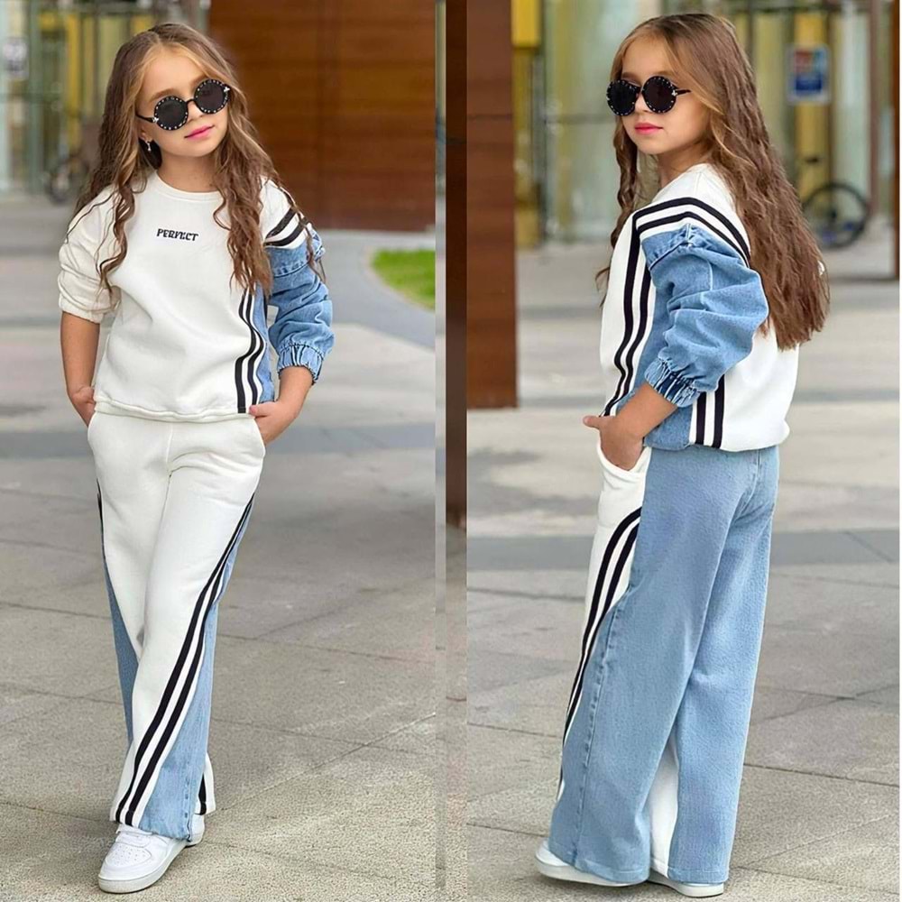 Perfect Kot Garnili Şeritli Kız Takım 5-14 Yaş-6469685 - BEYAZ