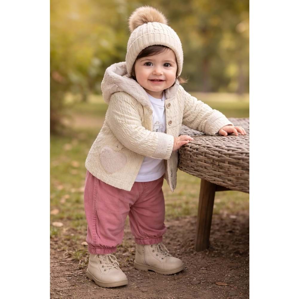 Kumru Kız Kapşonlu Peluş Ceket 3 Lü Takım 6-18 Aylık-4469503 - BEJ