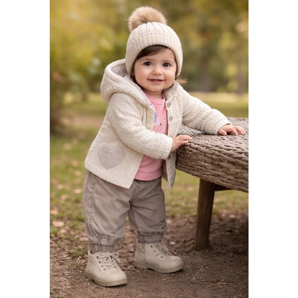 Kumru Kız Kapşonlu Peluş Ceket 3 Lü Takım 6-18 Aylık-4469503 - KREM
