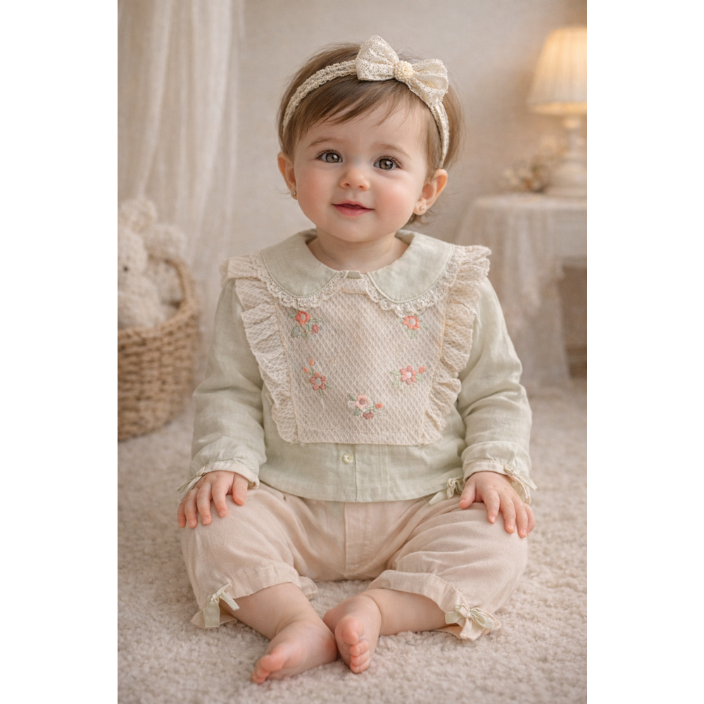 Kumru Fırfırlı Çiçek Nakışlı Süveterli 3 lü Kız Takım 6-18 Aylık-4442395 - BEJ
