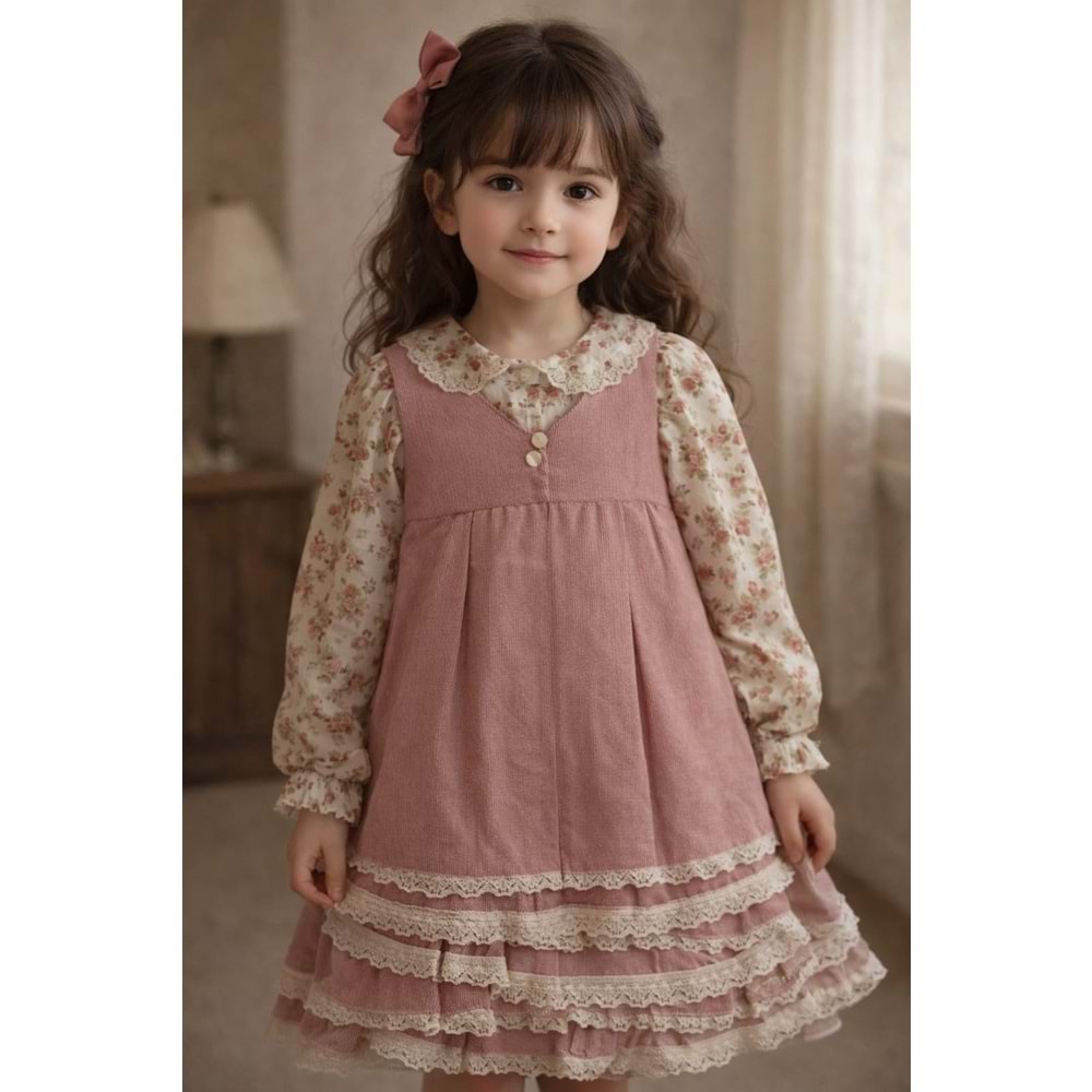 Kumru Çiçekli Etek Ucu Dantelli Kız Jile 2-5 Yaş-4444495 - GÜL KURUSU