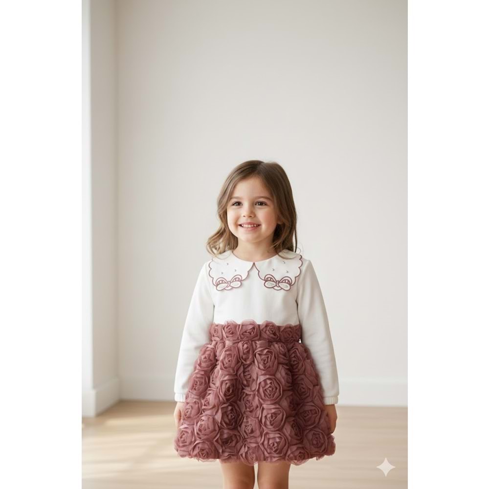 Lady Gold Lase Çiçekli İşlemeli Yaka Kız Takım 2-5 Yaş -6259422 - GÜL KURUSU