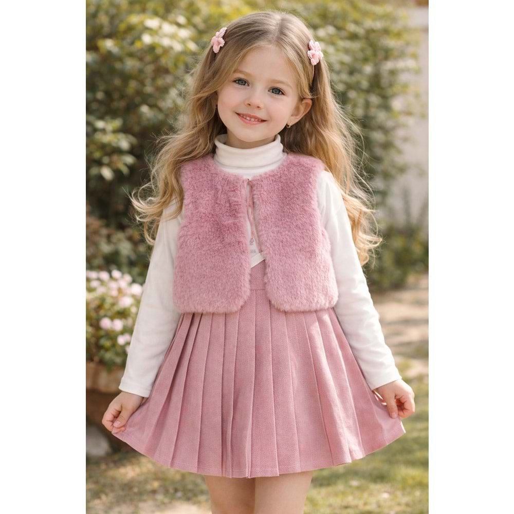 Lady Gold Peluş Yelekli Etekli Kız 3 Lü Takım 6-9 Yaş-6289556 - PEMBE