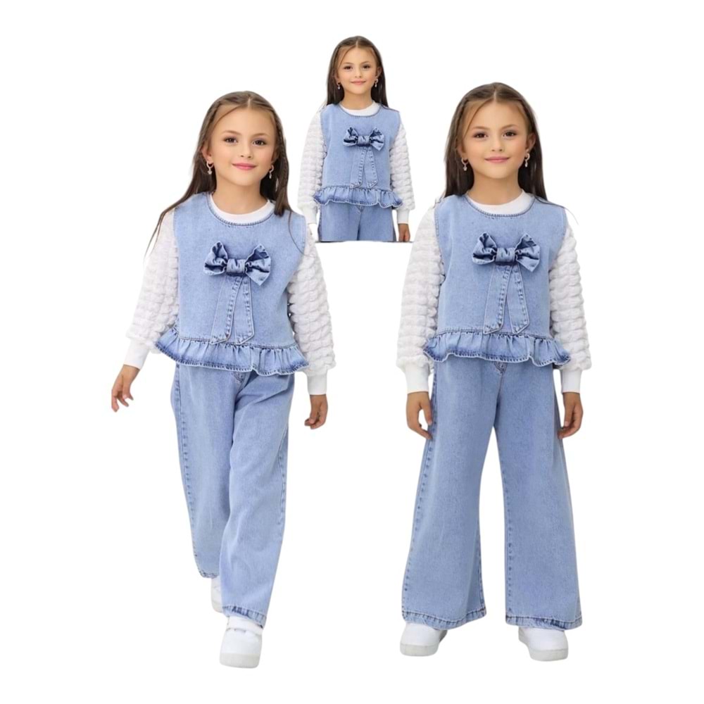 İncilay Kot Bol Paça Pantolon Ve Kot Yelekli 3 lü Takım 6-10 Yaş-2601478 - MAVİ
