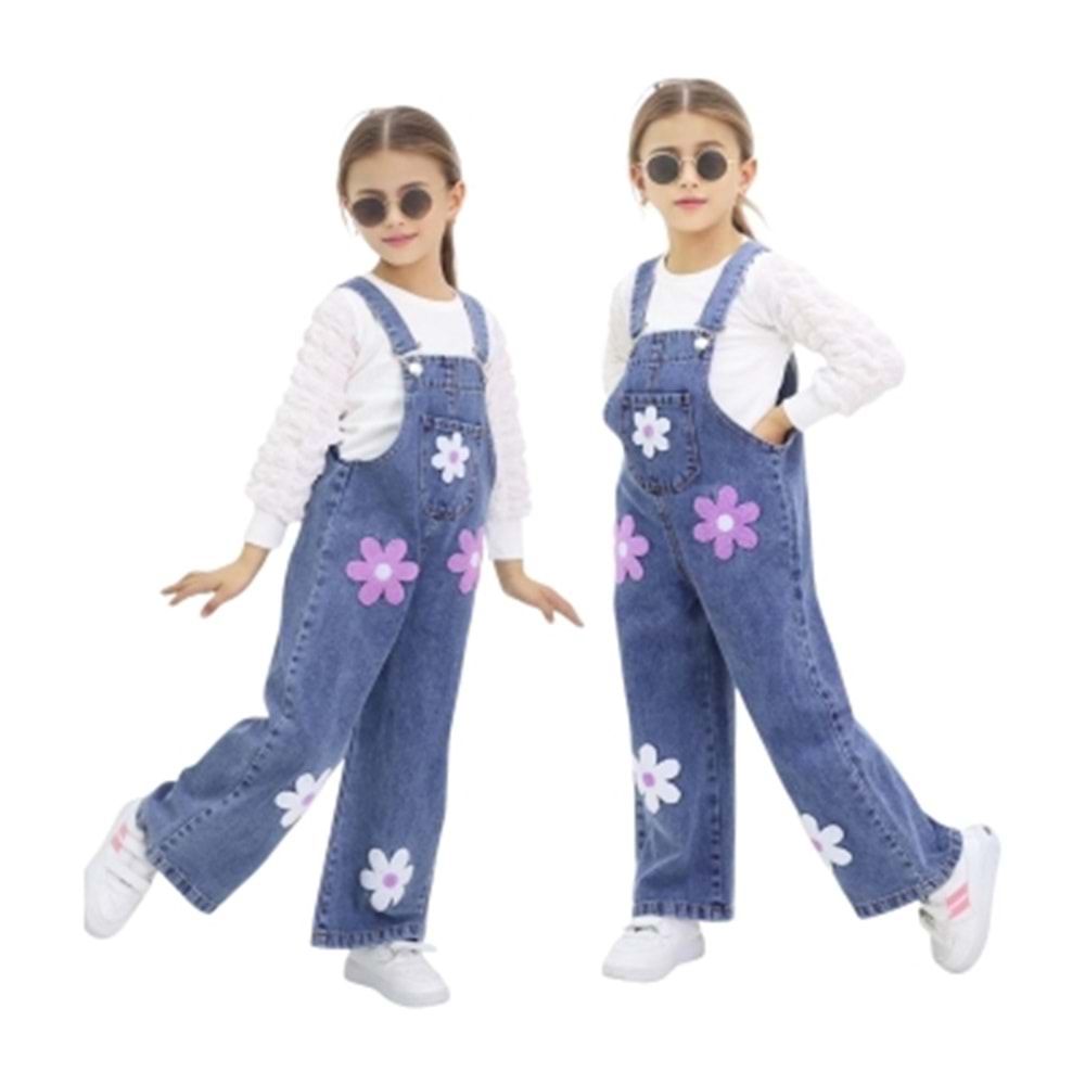 İncilay Çiçek Desenli Kot Tulum 3-7 Yaş-2653348 - MAVİ