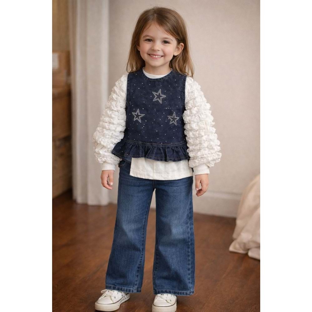 Mensis Kız Yıldız Detaylı Kot Pantolonlu 3 Lü Takım 5-9 Yaş-0346774 - MAVİ