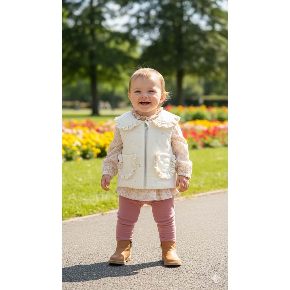 Hippıl Yelekli Çiçekli Üçlü Kız Takım 6-18 Aylık-5253636 - KREM