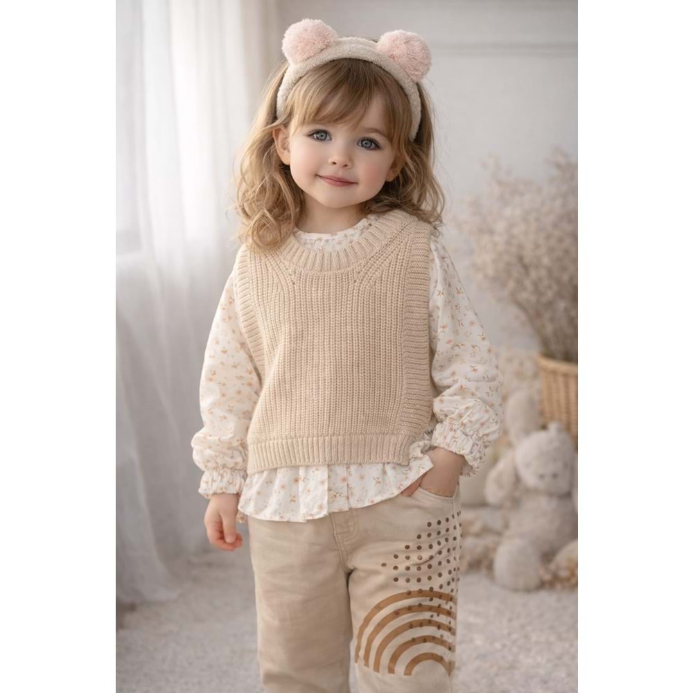 Bebiço Kız Süveterli 3 Lü Takım 2-5 Yaş-5423720 - BEJ